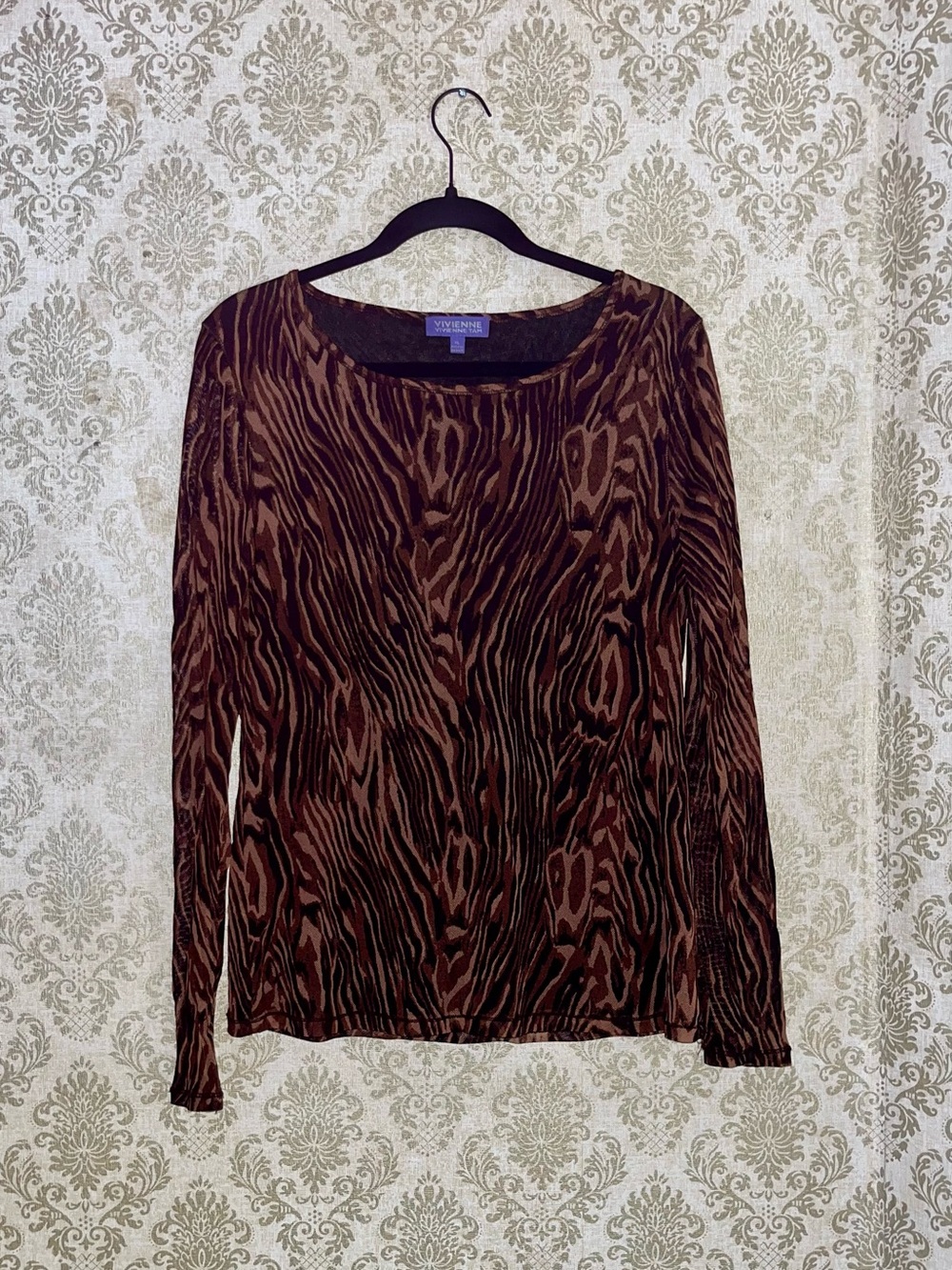 Vivienne Tam sheer mesh animal print top XL brown zebra abstract Y2K designer
